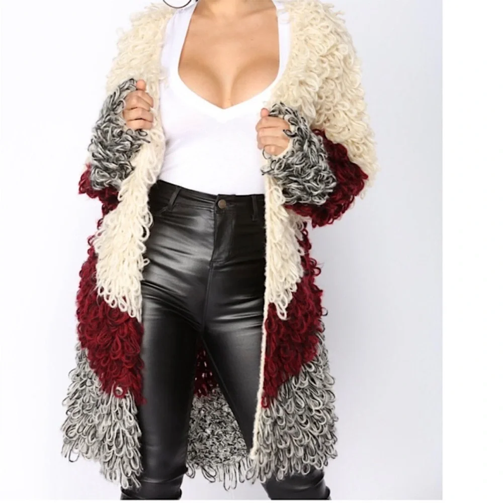 Venus Cream Burgundy Gray Shaggy Loop Knit Cardigan Sweater Size Large